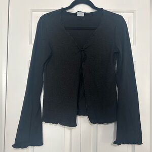 Vintage Y2K Suzy Shier Black Long-Sleeve Tie-Front Cardigan Lettuce-Edge Trim